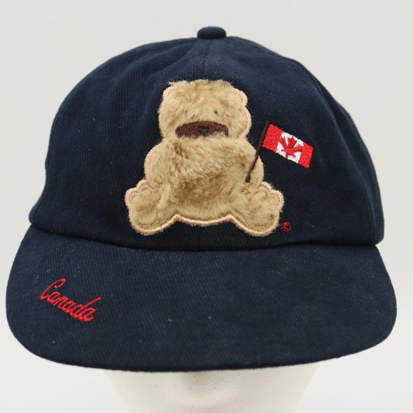 Youth Baseball Cap Hat - Navy Canada w/ Canadian Flag and Fuzzy Bear - Picture 2 of 8